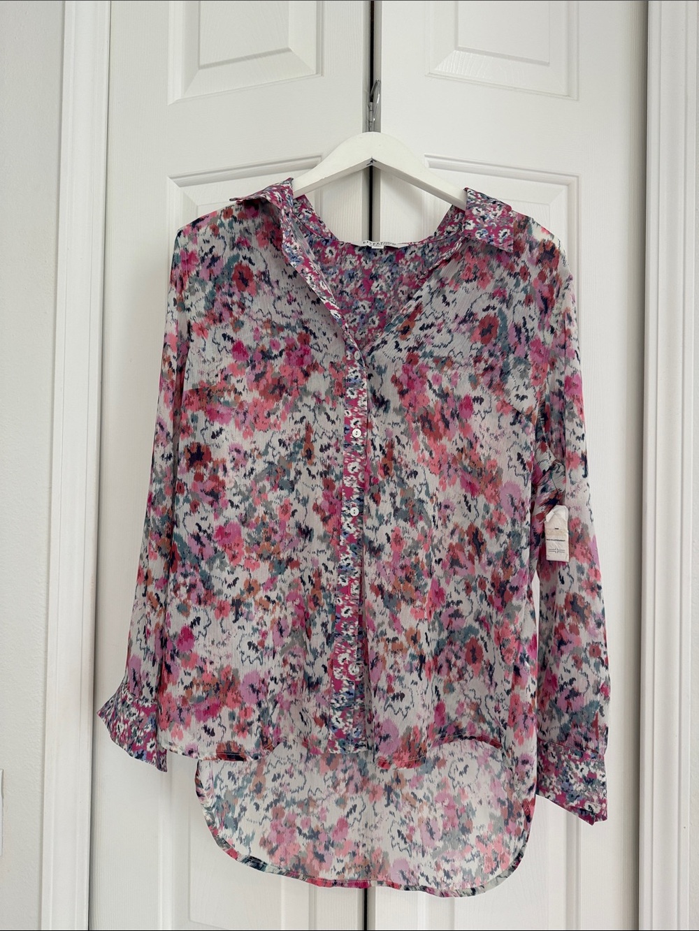 Liverpool Sheer Floral Button-Front Blouse in Pink and Gray